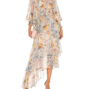 Floral Asymmetric Ruffle Midi Dress - Light Pastel